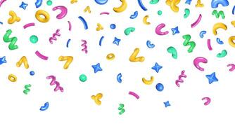 Falling confetti background. Colorful 3D geometric shapes of floating swirl squiggles, curves, stars and circles. Decorative multicolor abstract illustration vector