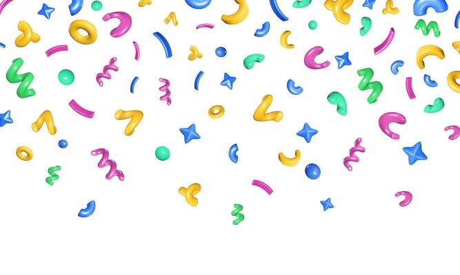 Falling confetti background. Colorful 3D geometric shapes of floating swirl squiggles, curves, stars and circles. Decorative multicolor abstract illustration