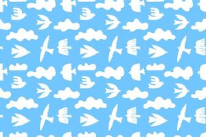Flying birds seamless pattern. Cloudy blue sky with bird silhouettes, minimalism style dove and swallow with abstract cloud shapes. Textile print template. background illustration vector