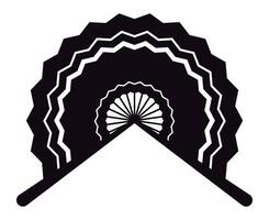 Black and white illustration of a traditional hand fan, featuring a wavy edge and a floral pattern radiating from the base, creating a striking visual contrast vector