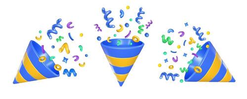 Party popper 3d icon. Birthday confetti explosion from striped cone shape, celebration symbol for congratulation or holiday event designs. Isolated set vector