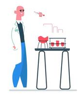 Smiling scientist in a lab coat operating a nano drone for analyzing liquids in test tubes, conducting innovative experiments in a cutting edge modern laboratory environment vector