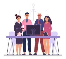 Office workers standing around a desk using a computer and holding documents, sharing ideas for a new project, with a light bulb symbolizing a new idea vector