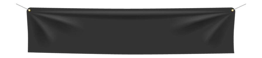 Realistic black rectangular textile banner hanging on ropes secured by grommets, isolated against a white background, gently waving in the wind, ideal for marketing and promotional displays vector