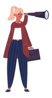 Businesswoman holding a briefcase and looking through a telescope, searching for new opportunities and envisioning success and growth in her career vector