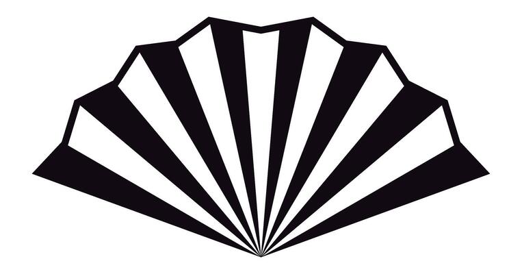 Black and white striped fan shape with jagged edges radiating outward from the center, creating an abstract design that captivates with its striking visual appeal and bold contrast