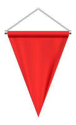 Red triangular pennant hanging from a metallic support, isolated against a clean white background, offering ample space for customization and ideal for various advertising needs