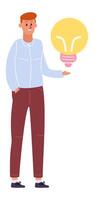 Young businessman holding a glowing light bulb, symbolizing innovation and creativity. Emphasizing problem solving and fresh ideas in a dynamic business environment vector