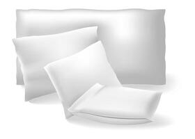 Four blank white pillows of varying sizes leaning against each other on a pristine white background, embodying comfort, rest, and relaxation for any cozy space or bedroom setting vector