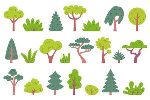 Trees and bushes. Simple deciduous and pine trees and shrubs. Cartoon tree with green leafy crown. elements for forest, park and garden landscape, nature greenery vector