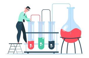 Laboratory worker standing on small ladder and pouring liquid into test tubes during experiment with colorful substances in laboratory glassware vector