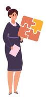 Businesswoman smiling and holding puzzle pieces, symbolizing problem solving, teamwork, and finding solutions in business and corporate settings vector