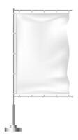 White rectangular flag waving gracefully on a chrome flagpole featuring a round base, offering an ideal canvas for custom designs or logos to enhance branding efforts vector