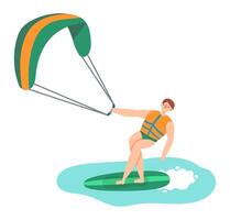 Kitesurfer wearing a life jacket skillfully riding the board, gripping the bar tightly while creating dynamic splashes in the ocean waves under a bright summer sky vector