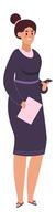 Businesswoman holding a folder and using her smartphone, smiling brightly while looking away. Dressed in a stylish dark dress and casual flip flops, radiating confidence and positivity vector