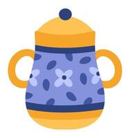 Beautiful ceramic teapot with a floral pattern and two handles is depicted, showcasing its elegant design and traditional craftsmanship, perfect for enjoying a warm beverage vector