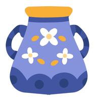 Decorative blue ceramic vase with white flowers and orange details and two handles on each side is standing on white background, simple cartoon illustration vector