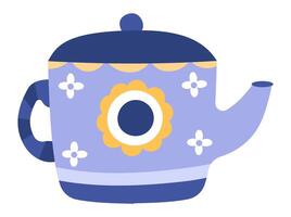 Purple teapot adorned with yellow and white flowers, featuring a navy blue lid and handle, set against a white background, perfect for food or cooking projects vector