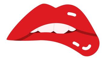Cartoon illustration of red lips biting lower lip with white teeth on white background, representing concepts such as seduction, sensuality, desire, and beauty vector