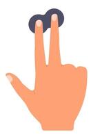Cartoon hand creating a pinching gesture with index and middle fingers against a white background, representing zoom and multitouch functionality in digital technology vector