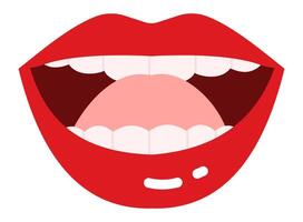 Cartoon illustration featuring vibrant red lips playfully displaying a tongue and teeth while engaging in talking, singing, shouting, or laughing, all set against a clean white background vector