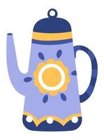 Whimsical purple coffee pot featuring a cheerful yellow flower design and a striped handle waiting to brew delicious beverages, adding charm to any kitchen or cafe setting vector