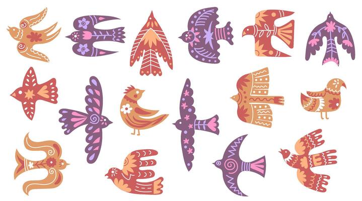 Birds with folk ornaments. Scandinavian dove silhouettes decorated with flowers, branches and abstract patterns. Flying swallow bird floral designs, decorative botanical style illustration set