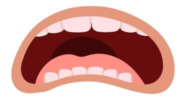 Cartoon illustration of an open mouth shouting, showing tongue and teeth, expressing negative emotions such as anger, surprise, fear or pain, isolated on white background vector