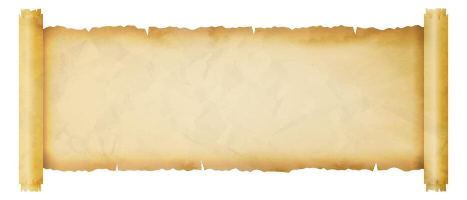 Ancient scroll. Textured parchment scroll with torn edges, crumpled aged paper for historical documents, diplomas or announcements designs. background illustration