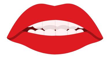Red lips slightly open showing teeth biting lower lip, in a close up front view, isolated on white background, representing sensuality, beauty, and desire vector