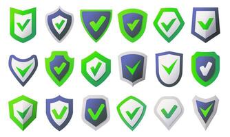 Shields with check marks. Trust and security icons with protective shield badge and approving tick symbol. Product certification and validation tags isolated set vector
