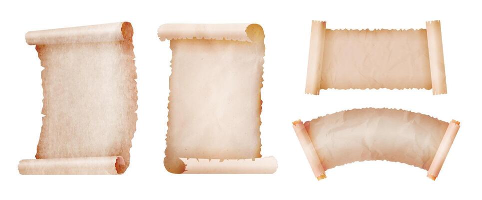 Parchment scroll templates. Ancient paper scrolls, old manuscript rolls and vintage document banners with rolled edges. Aged textured sheet with burnt edges, classic diploma borders mockup set