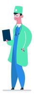 Smiling doctor wearing protective glasses, surgical cap, stethoscope and lab coat, holding a clipboard and a pen, providing healthcare services in a modern medical setting vector