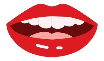 Cartoon mouth with vibrant red lips, displaying bright white teeth, smiling and talking joyfully, isolated on a clean white background, capturing a cheerful expression and friendly emotion vector