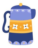 Blue and orange ceramic teapot with a floral pattern and decorative elements is standing on a white background, showcasing its unique design and craftsmanship vector