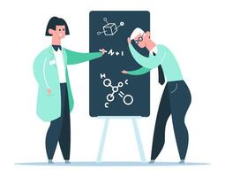Two scientists, a woman in a lab coat and a man with glasses, analyzing chemical formulas and molecular structures on a blackboard while engaging in discussion and problem solving vector