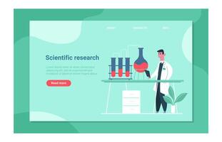 Landing page template showing scientist doing scientific research in laboratory using test tubes and flasks, holding tablet, with drawer cabinet and plant, healthcare and experiment concept vector
