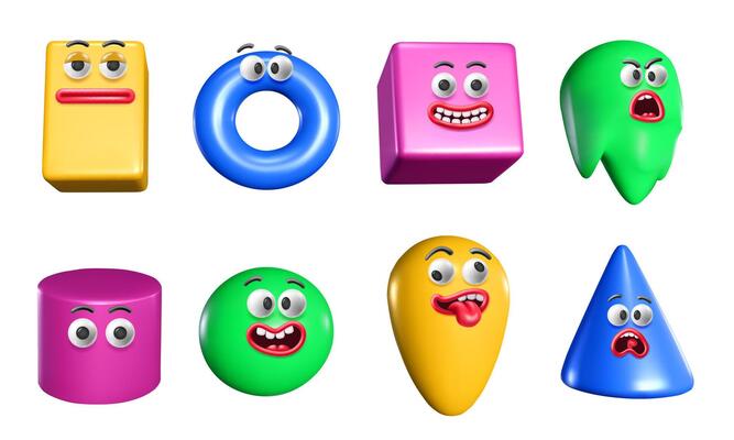 Colorful plastic quirky 3D shapes. Abstract geometric figures with funny facial expressions. Playful goofy creatures character mascots isolated cartoon illustration set