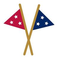 Two triangular nautical flags, one red and one blue, each adorned with three white stars, are crossed and attached to wooden poles, symbolizing maritime communication or racing vector