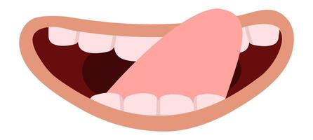 Cartoon mouth wide open, displaying a playful tongue and bright teeth, licking lips in anticipation. Isolated illustration on a clean white background, capturing a cheerful expression vector