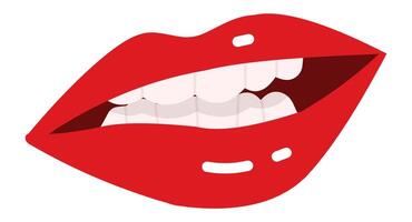 Cartoon drawing of red lips slightly open biting lower lip, showing white teeth, isolated on white background, representing sensuality, flirtation, or desire vector