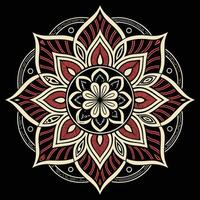 Intricate Red and Beige Mandala Design Symmetrical Floral Pattern Black Background Geometric Ornament vector