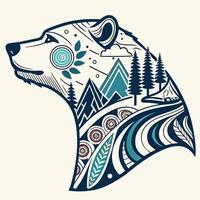 A bear head with a mountain and trees in the background vector