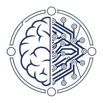 The brain and circuit board are shown in a circle vector