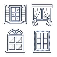 Icon Set Four Window Styles Shutters Curtains Arch Top Pane Details Dark Blue Line Art vector