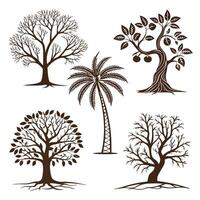 Brown Silhouette Icon Set of Five Different Trees Including Leafless and Leafy Trees and a Palm Tree vector
