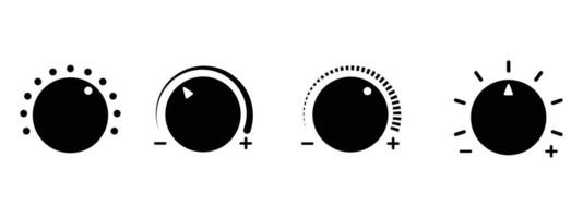 Volume control knobs icons set. black round turning switches, knob switches high to low volume speed controller set in black and white color. illustration. vector