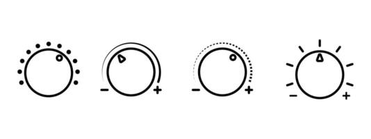 Volume control knobs icons set in line style. black round turning switches, knob switches high to low volume speed controller set in outline. illustration. vector