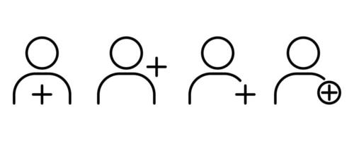 Add user icon set. Person profile avatar with plus icon, add account symbol linear icons. vector