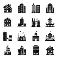 Flat Black Building Icons Set. vector
